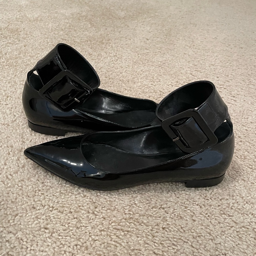 Saint Laurent Patent Leather Pointed Toe Flats w/ Large Buckle Ankle Strap Sz 38